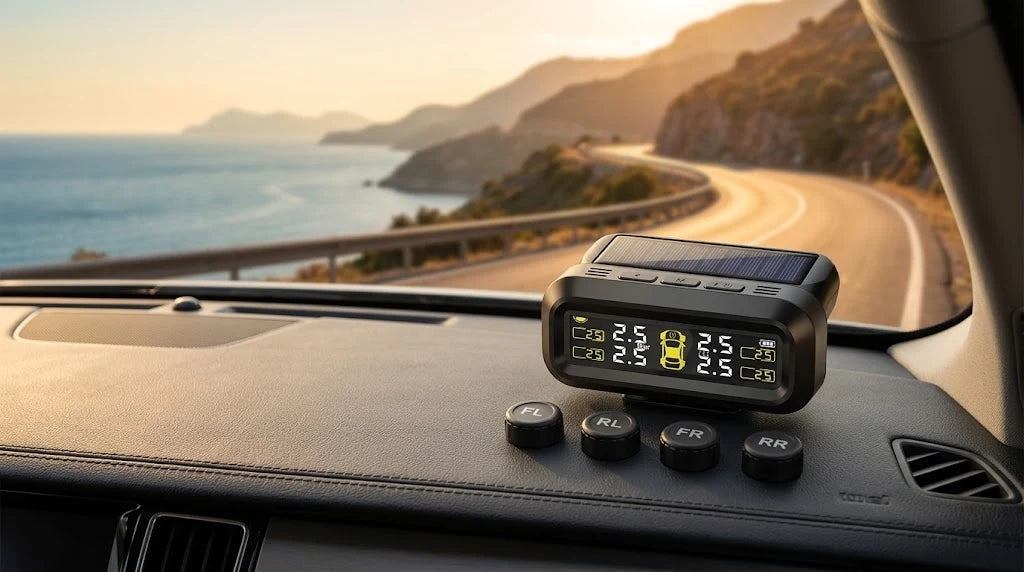 Monitor TPMS en el salpicadero con los cuatro sensores delante, en una carretera de costa