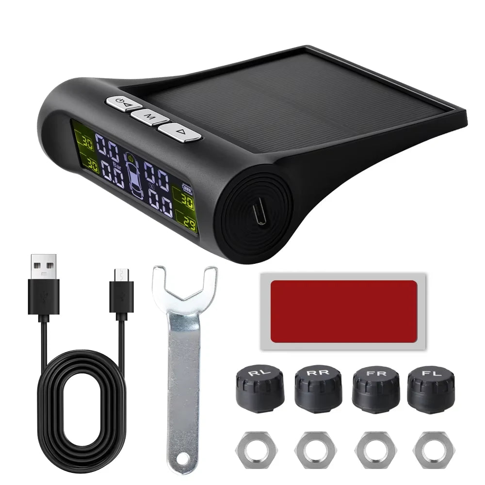 Contenido del kit: monitor solar y cuatro sensores marcados FL, FR, RL y RR