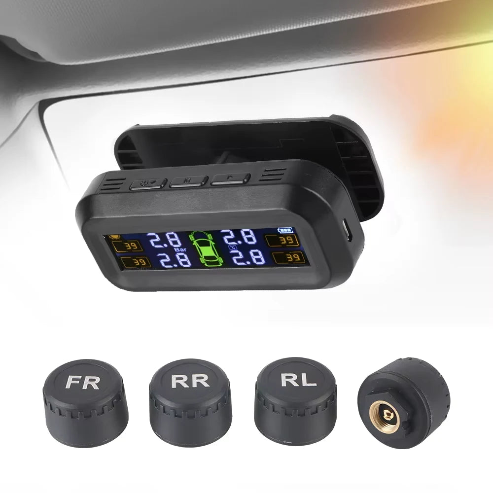 Monitor TPMS con las lecturas de las cuatro ruedas en pantalla